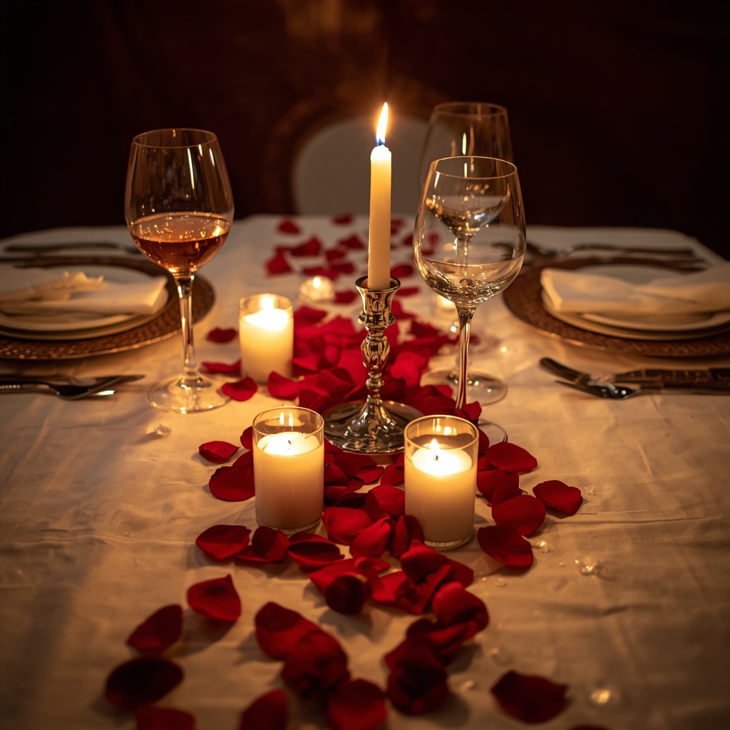 A candlelit dinner table with two place settings, rose petals scattered across white linen, and warm glowing candles creating an intimate atmosphere