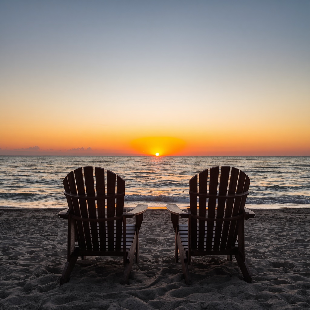 A scenic sunset view over calm ocean waters with two wooden Adirondack chairs placed side by side on a sandy beach facing the horizon